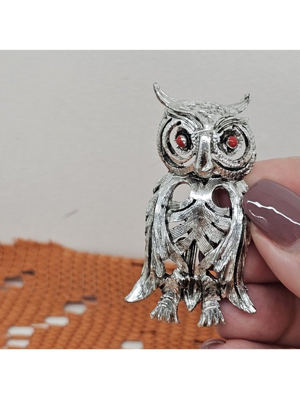 Vintage Silver Owl Brooch, Red Eye Textured Bird Pin, Retro Costume Jewelry